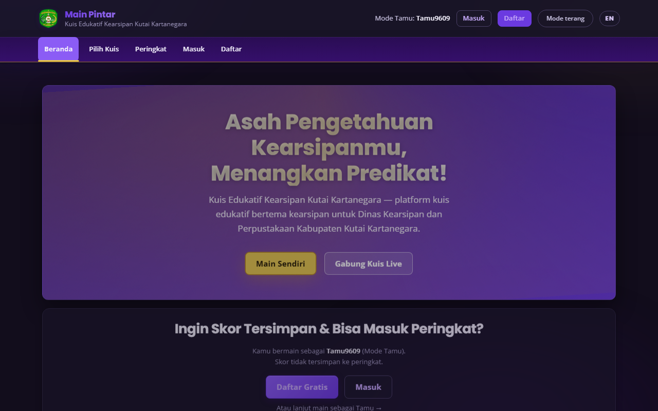 Tampilan beranda Main Pintar